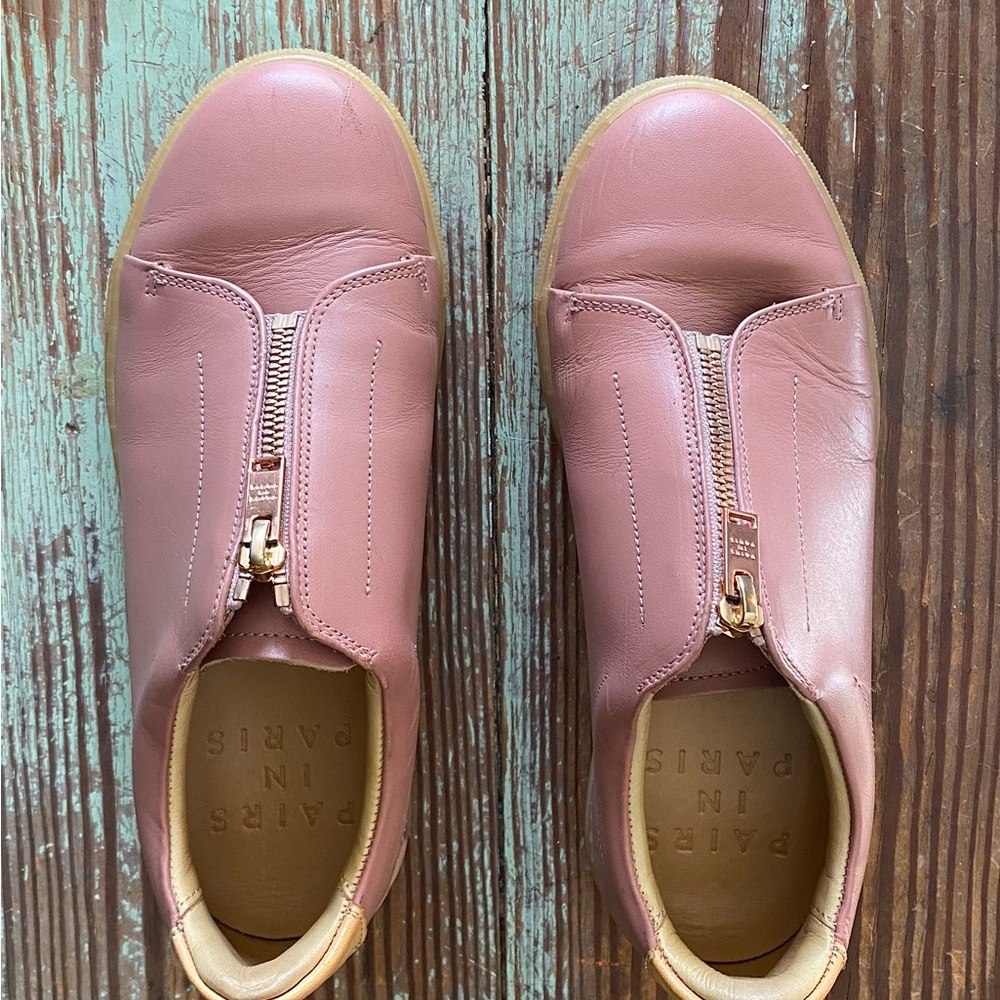 Pairs In Paris Blush Leather Zip Sneakers designed in Paris made in Portugal